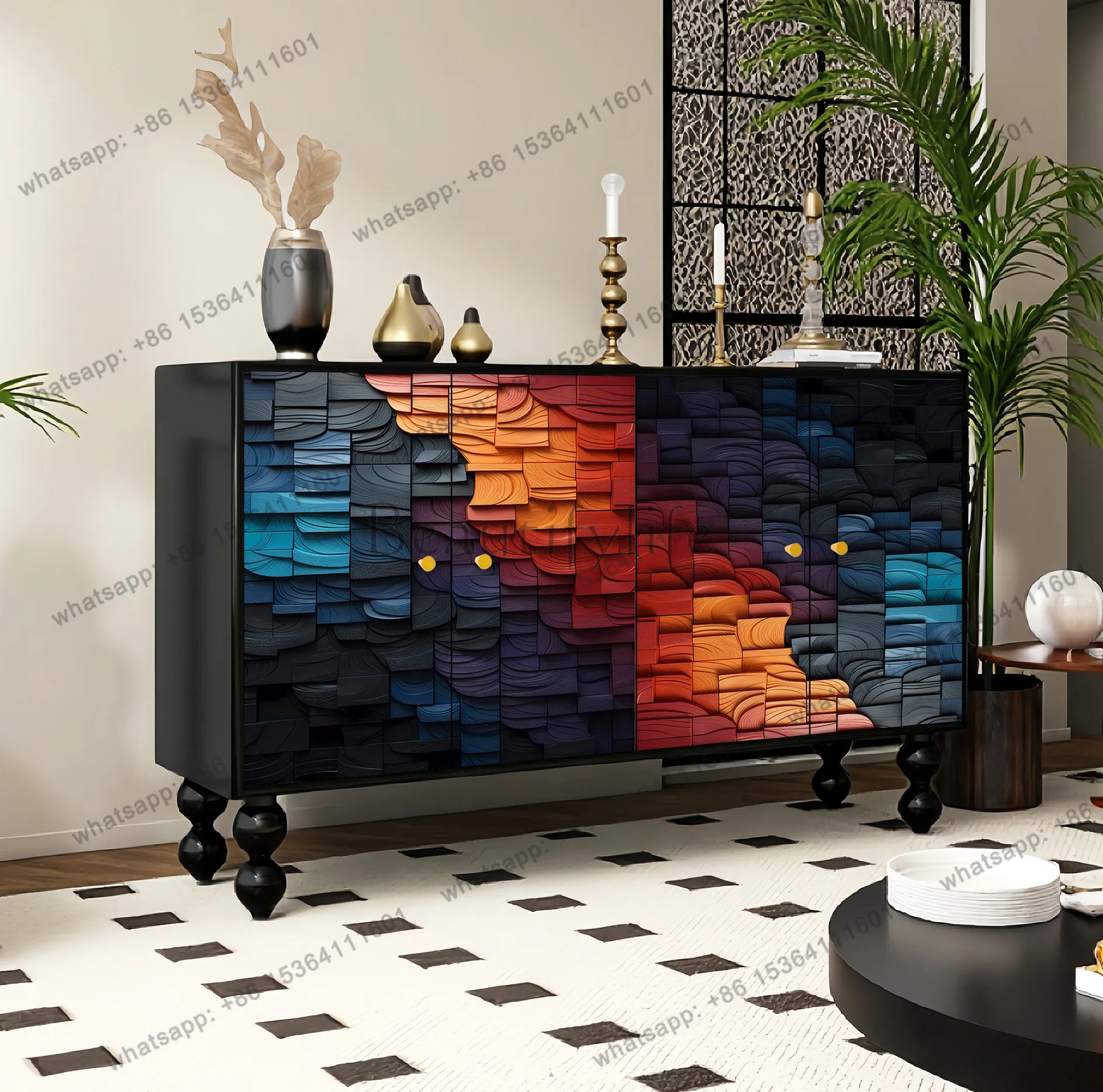 French solid wood dining side cabinet, living room against the wall storage locker, abstract art high sense