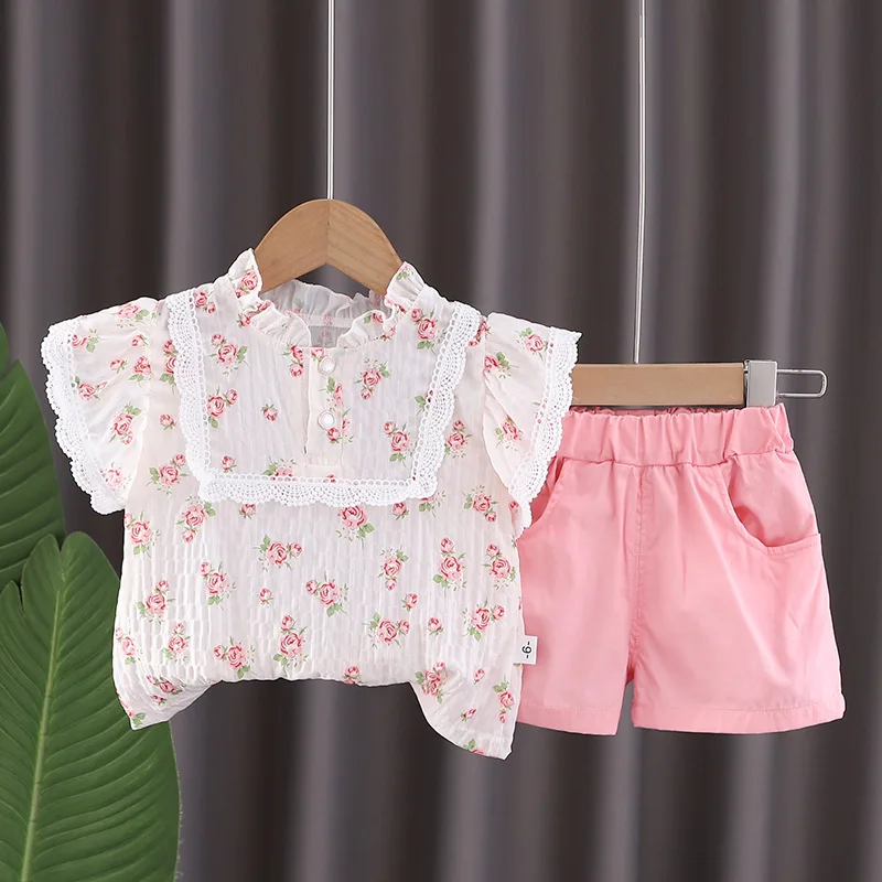 2024 Summer Baby Girl 2 Piece Set Clothes for Kids Girls 9 To 12 Months All Over Print Floral Short Sleeve Shirts Shorts Outfits