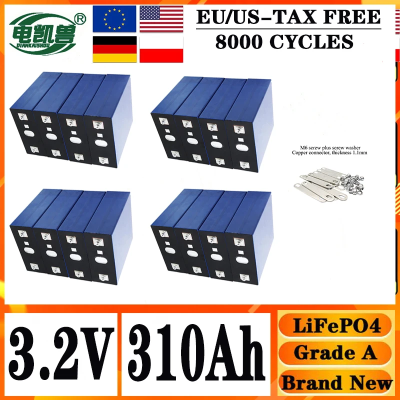 

New 310Ah 8000 cycle LiFePO4 3.2V rechargeable battery, suitable for DIY 12V 24V 48V caravan marine solar energy system no tax