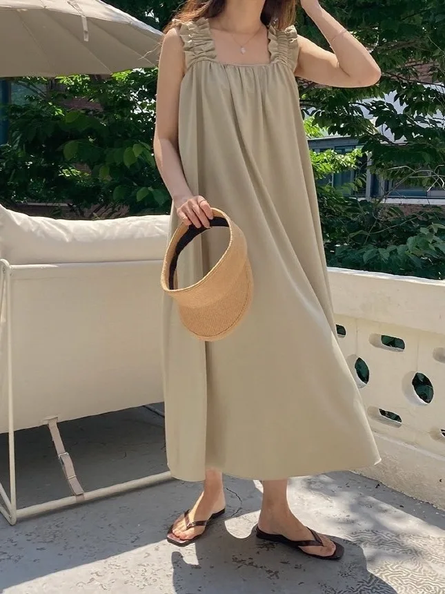 Dongda Gate No-oulder Large Skirt Length Over-knee Strap Dr Versatile Commuting Sle Svel Long Dr Square Collar