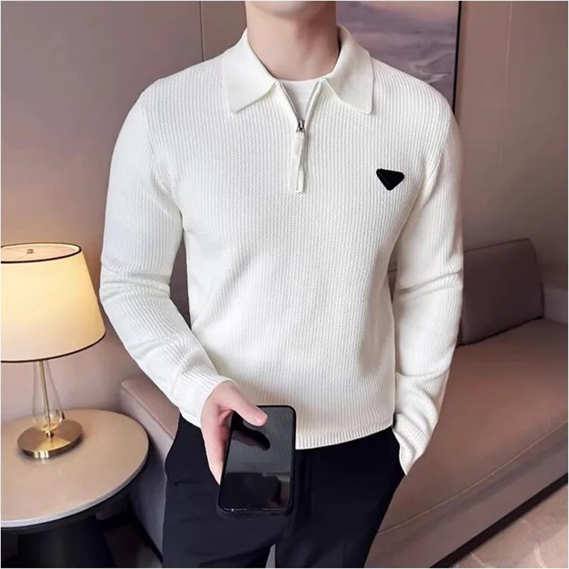 

Осенний новый мужской свитер на молнии с воротником-стойкой, облегающий вязаный пуловер, повседневная однотонная верхняя одежда с длинными рукавами, зимние теплые топы
