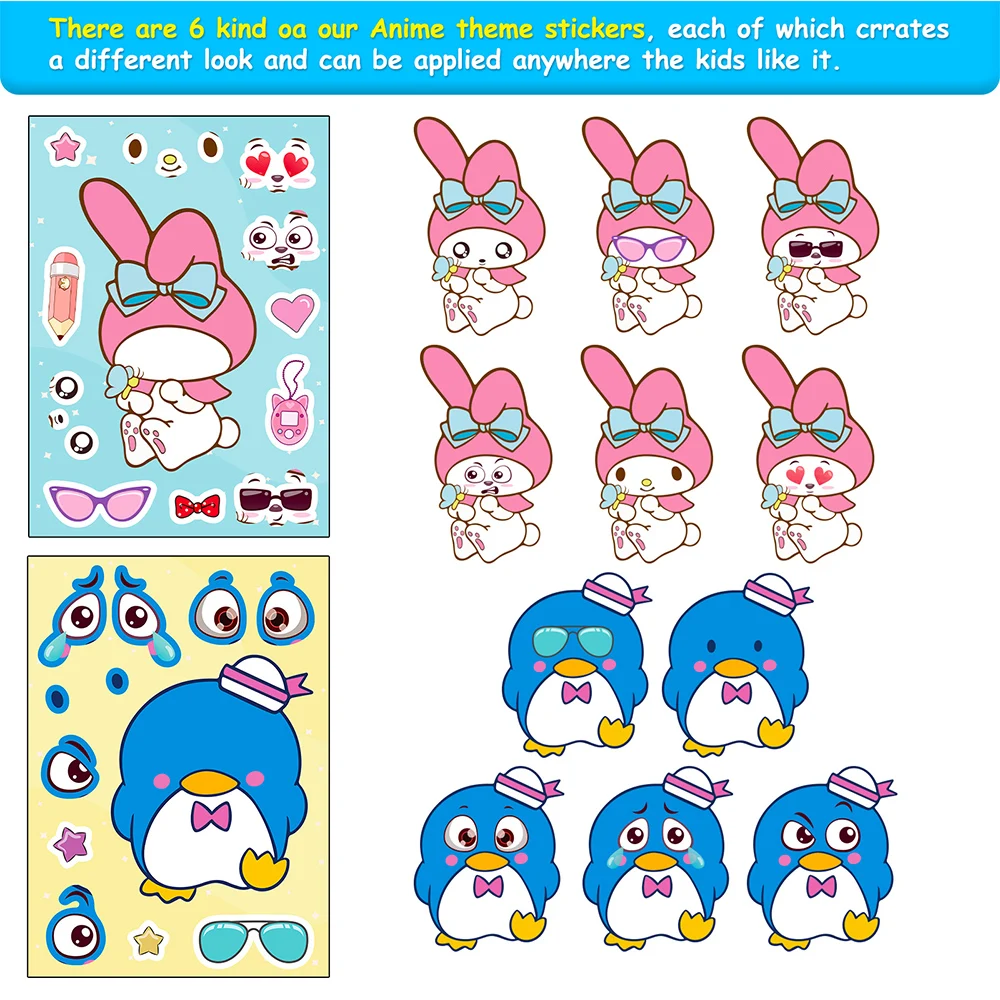 6/12 folhas bonito sanrio dos desenhos animados quebra-cabeça adesivos fazer um rosto diy kuromi minha melodia montar decalques crianças festa de aniversário brinquedos