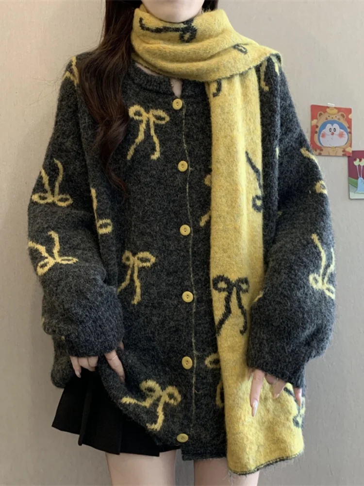 

SMTHMA новый осенне-зимний модный рождественский свитер, женский вязаный кардиган с бантом и принтом, топ + с шарфом