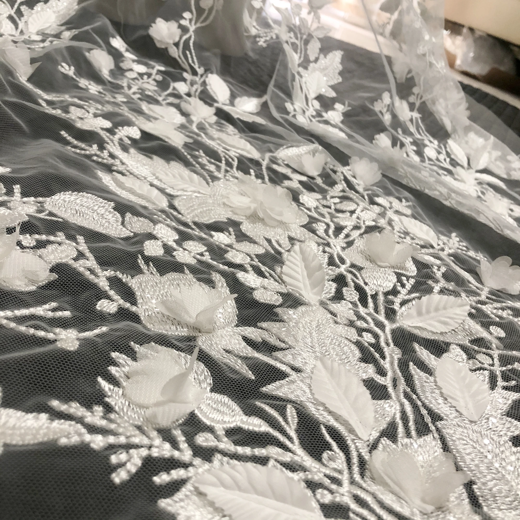 Private Custom Handmade Three-Dimensional Flowers Sequin Embroidery Wedding Dress Lace Fabric Women Clothing Fabrics