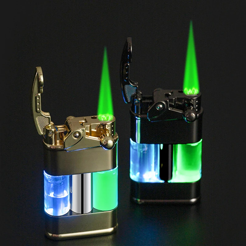 

Night Glow Flowing Sand Transparent Gas Window Rocker Arm Lighter Windproof Green Flame Jet Flame Turbobutane Lighter Men's Gift