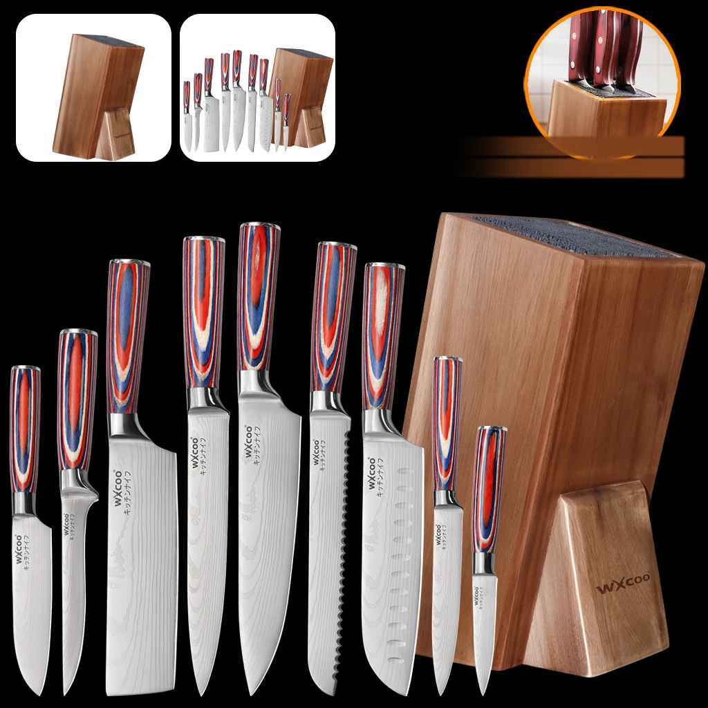 

Набор кухонных ножей из нержавеющей стали WXCOO, тесак для мяса, универсальный держатель для ножей, подставка для кухонных ножей из дерева акации