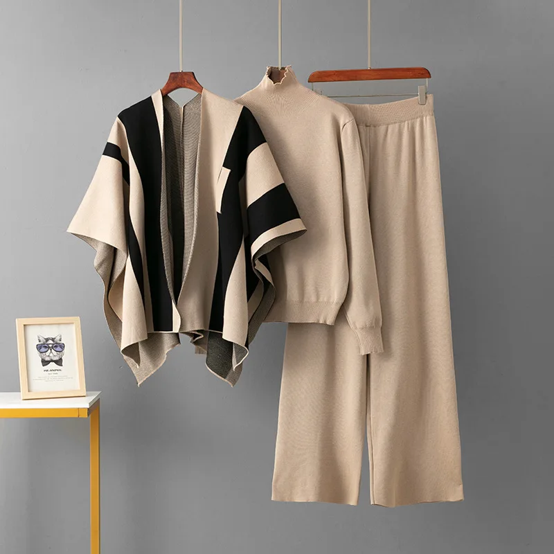 ALPHALMODA, 2025, moda francese, abito lavorato a maglia a righe, scialle + maglione a collo alto + pantaloni a gamba larga, abito elegante da donna 3 pezzi