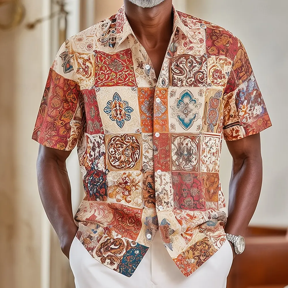 

Men's Turndown Short Sleeve Mediterranean Mosaic Print Shirt, Vintage Streetwear Vacation Tops Blue Orange Khaki Spring Summer