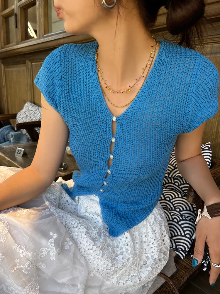 Cardigan lavorato a maglia blu Donna Estate Scollo a V Bottoni con perle Slim Maniche corte Top T-shirt eleganti e delicate