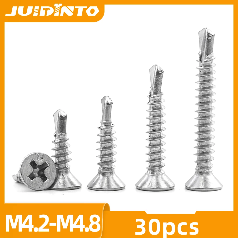 

JUIDINTO 30pcs Phillips Flat Head Self Drilling Screw M4.2 M4.8 410 Stainelss Steel Hardiflex Screws for Sheet Metal