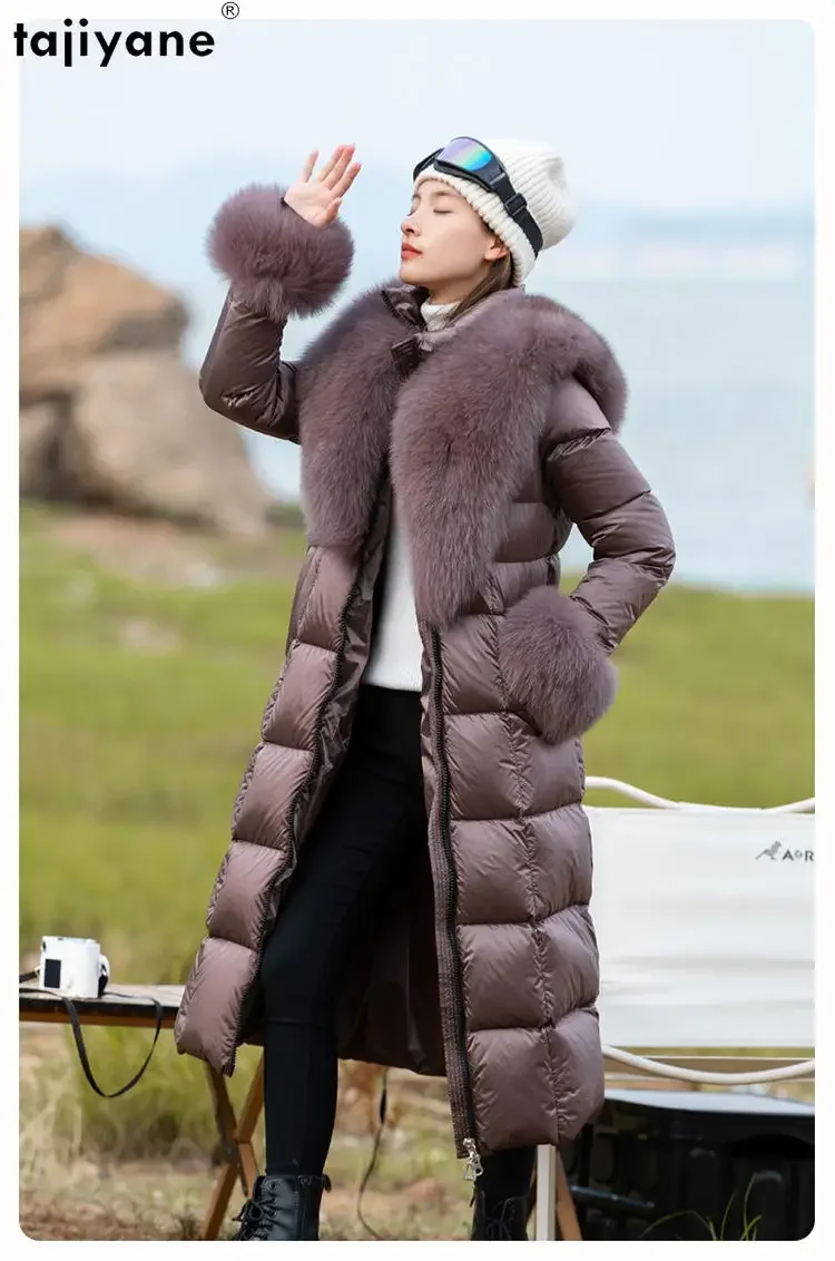 Tajiyane 95% White Duck Down Jackets for Women 2023 Luxury Fox Fur Collar Long Down Coats Thickened Parkas Slim Puffer Jacket