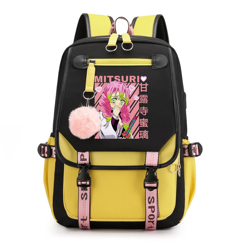 귀여운 재미 있은 Kanroji Mitsuri 애니메이션 학교 배낭 십대 Bookbag Usb Bagpack 학생 학교 가방 여행 가방