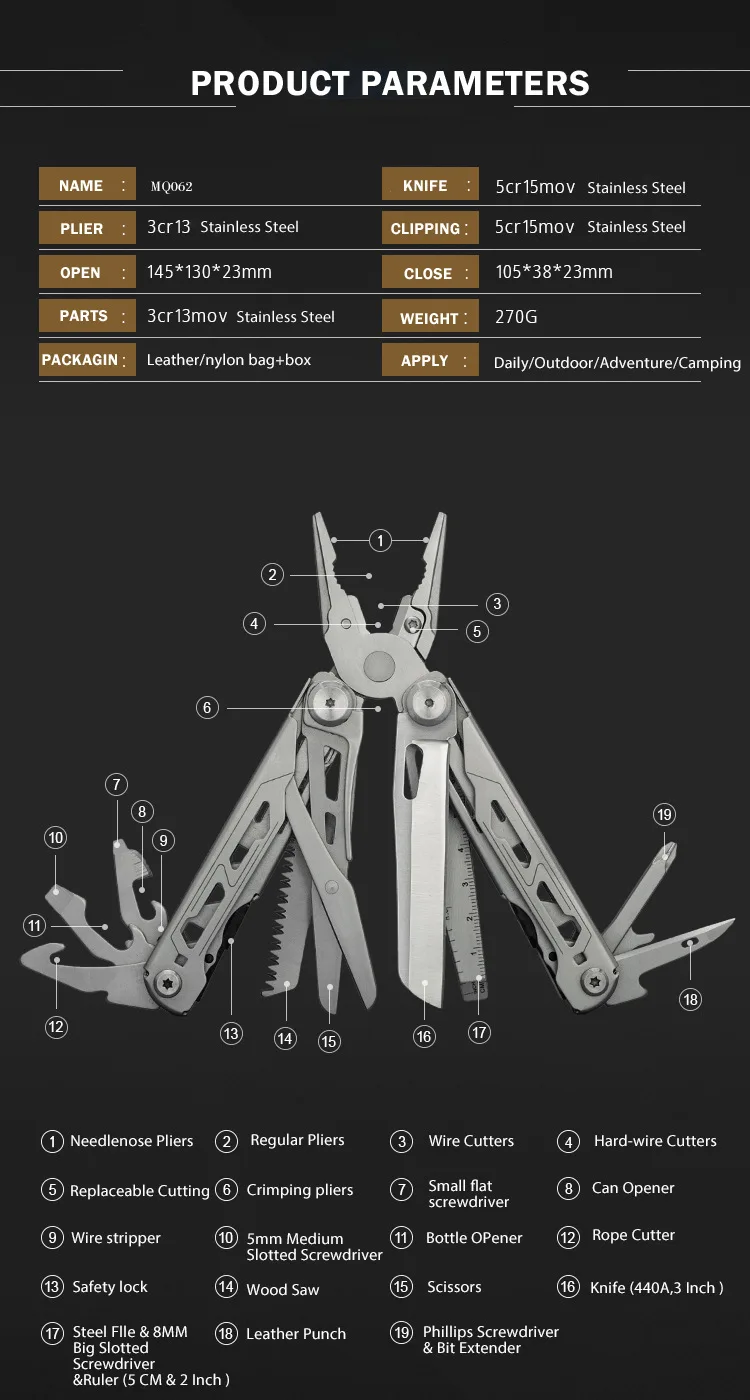 16-in-1 Multitool-Zange, faltbar, aus Edelstahl, Taschen-EDC-Überlebenswerkzeug-Set, tragbare Camping- und Wander-Ausrüstung für den Außenbereich – Detail 5