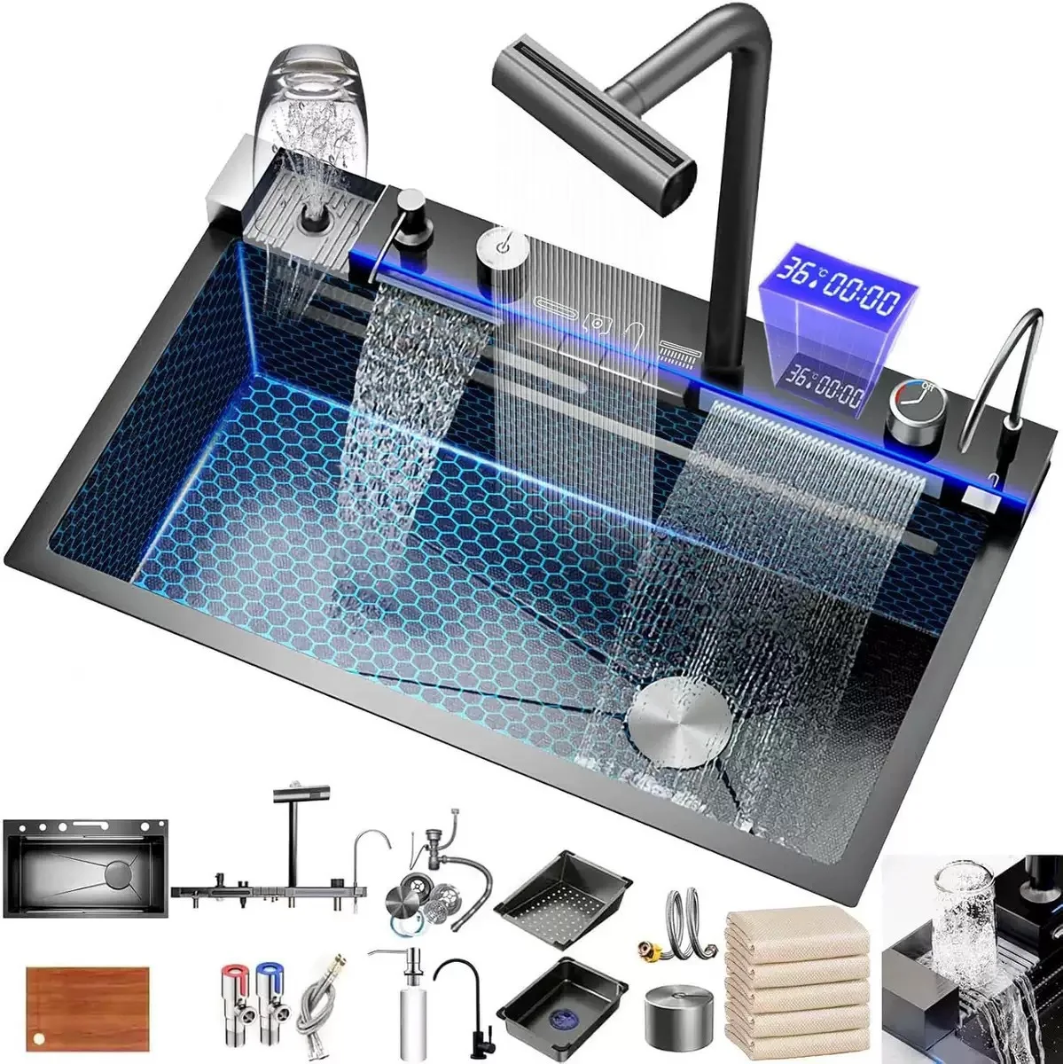 

Kitchen Sink Single Bowl 304 Stainless Steel Thickened Whale Flying Rain Waterfall Faucet Digital Display 5 Key Vegetable