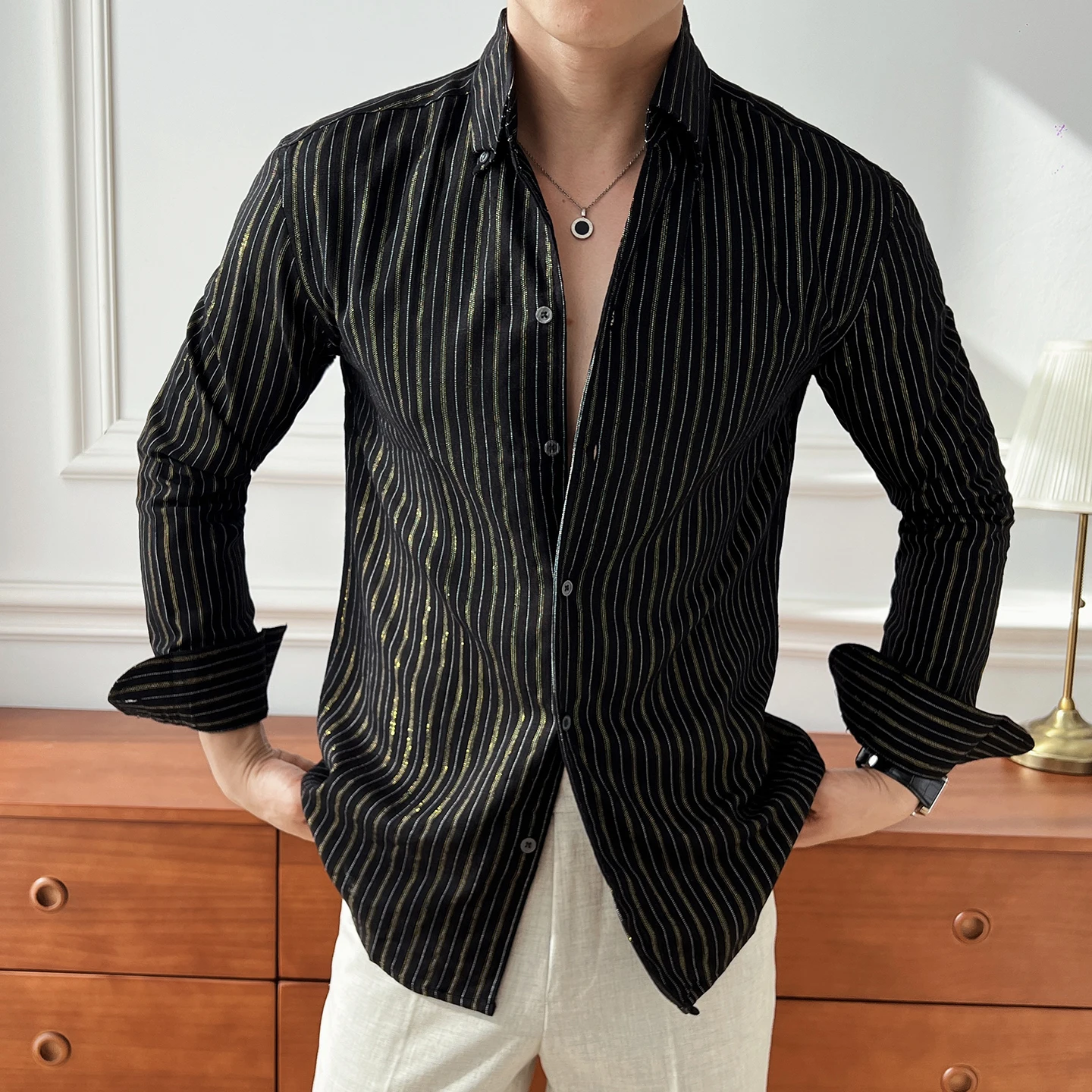 

British Style Men's Shirt Long Sleeved Casual V-neck Linen Striped Shirts Versatile Slim Fit Business Social Street Wear Shirt