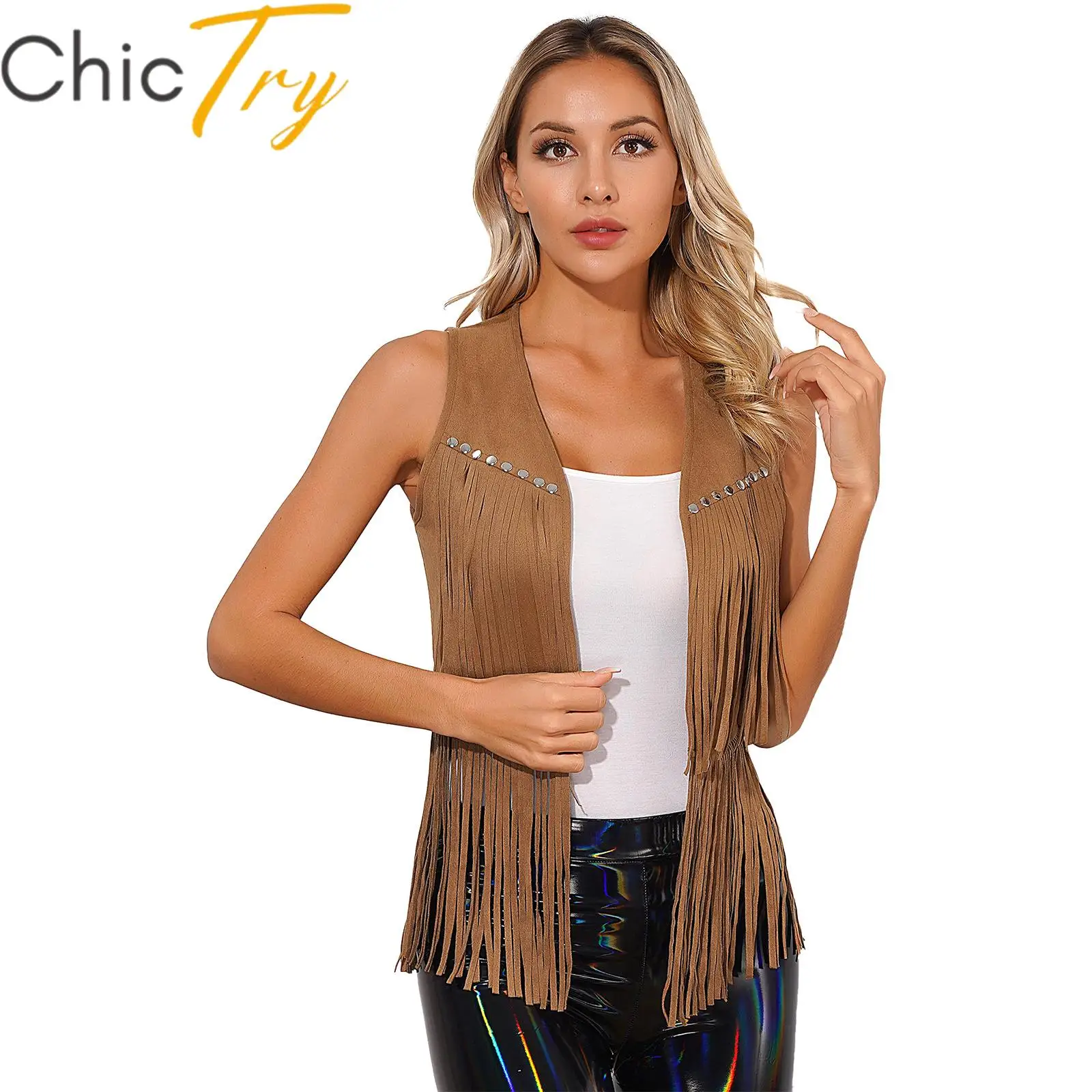 Womens Western Cowboy Cosplay Costume Faux Suede Tassel Vest Coat Fashion Rivets Fringe Waistcoat Open Front Sleeveless Jacket