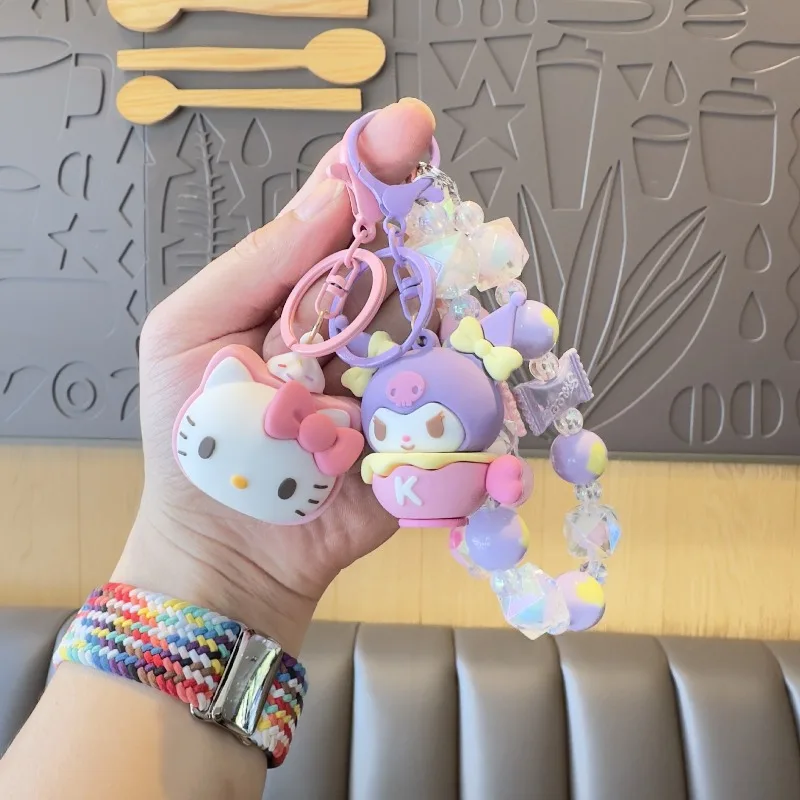 Sanrio Kawaii Hello Kitty Beaded Phone Chain Keychain Japanese Cartoon Kuromi Melody Cinnamoroll Bag Pendant Children's Day Gift