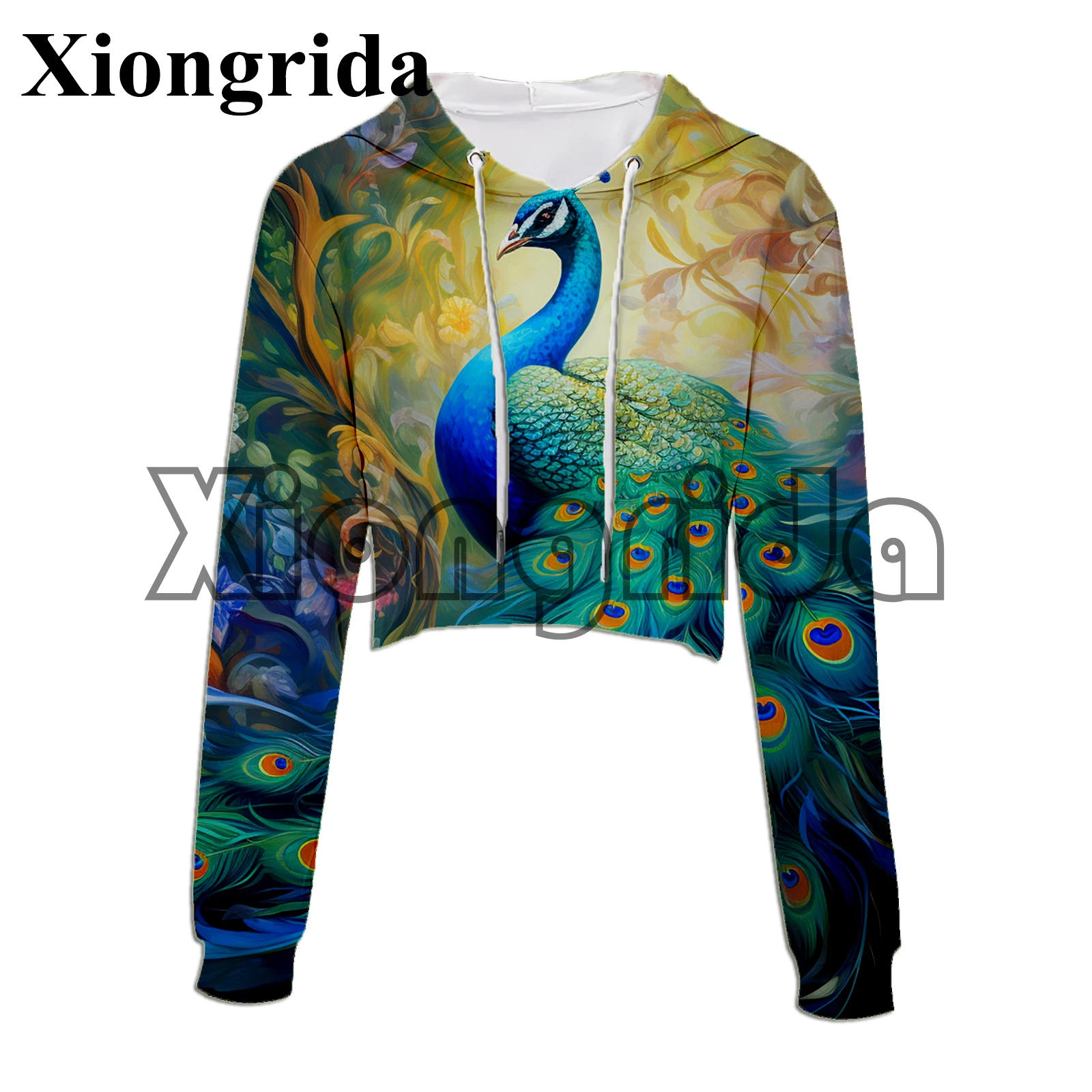 

Peacock Feather Printed Women Crop Top Hoodie Colorful 3D Animal Feather Print Casual Crop Sweaters Y2K Hooded Pullover Top