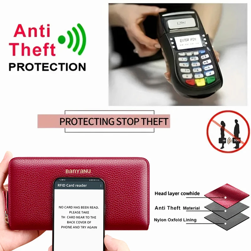 Women Large Capacity Dual Zipper Wallet Cow Genuine Leather Phone Coin Wallet for Travel Gifts with Anti-Theft RFID Blocking