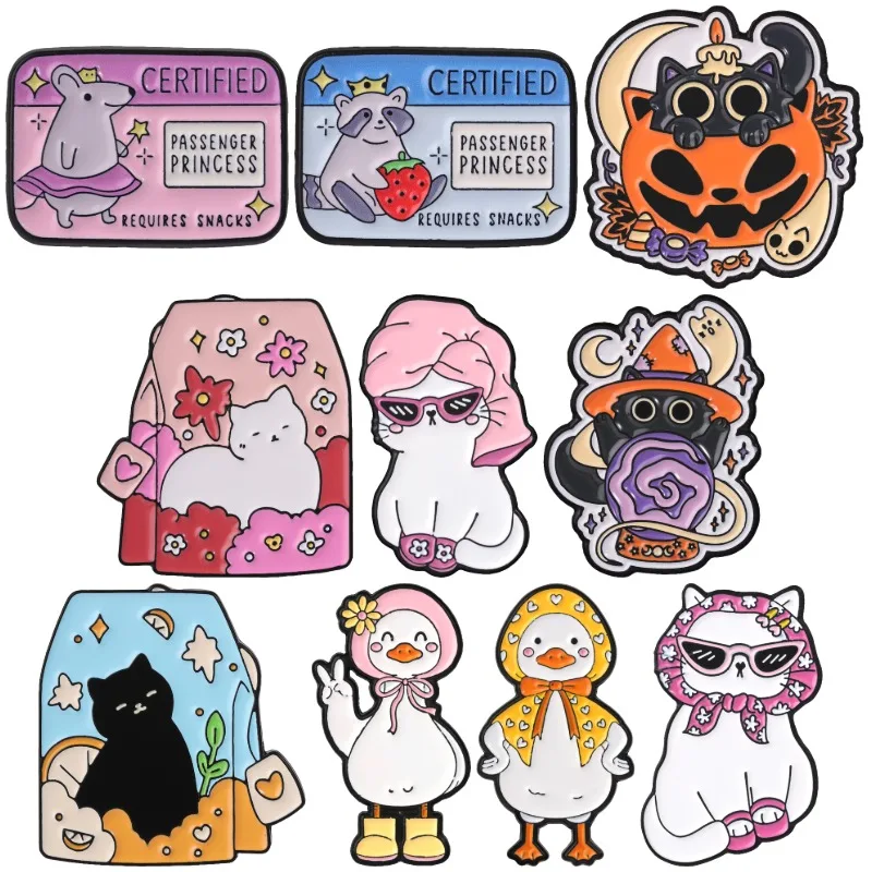 Cute Animal Badges Witch Black Cat Enamel Pin Mouse Raccoon Duck Goose Brooches Spa Towel Sunglasses Kitten Accessories Gifts