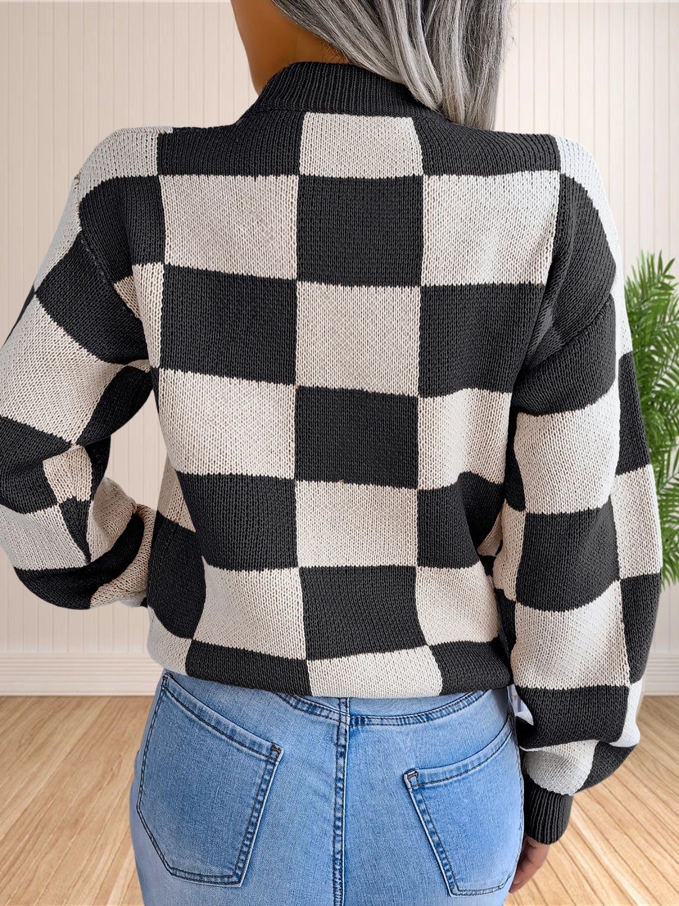 Women's Color Block Checkered Crew Neck Long Sleeve Y2K Plaid Knitted Pullover Sweater Tops Vintage Preppy Style Knitwear