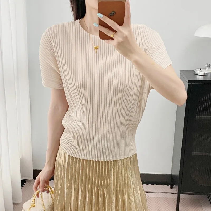 Miyake Pleated 2026 New Round Neck Short Sleeve Top Women Summer Vertical Striped Short T-Shirt No Ironing Women's Clothing
