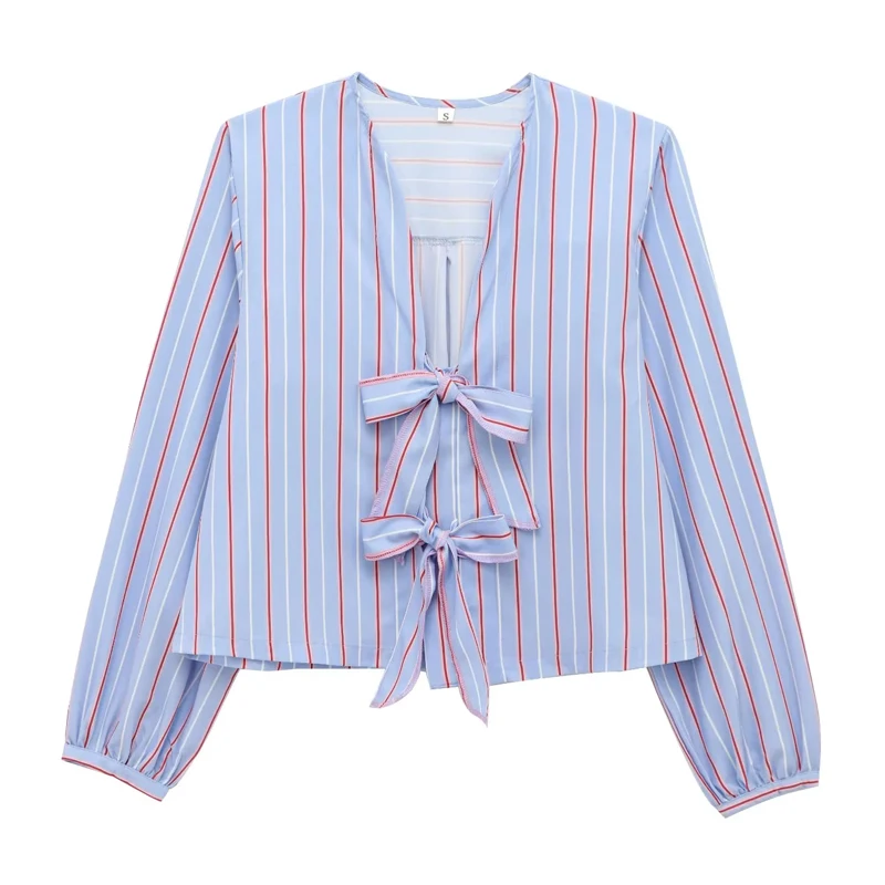 HXAO Top da donna corto a farfalla con cravatta a righe Top bianco Camicie a maniche lunghe ritagliate Estate 2025 Elegante graziosa camicetta 088