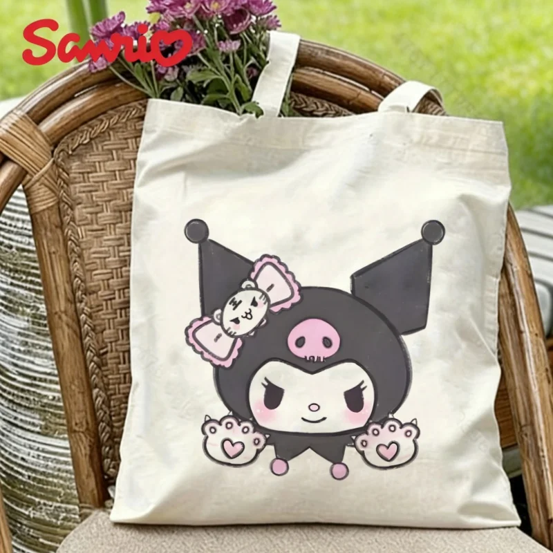 

1PC Sanrio Kuromi Canvas Tote Bag Double-sided Cat Print Eco-friendly Reusable Shoulder Bag