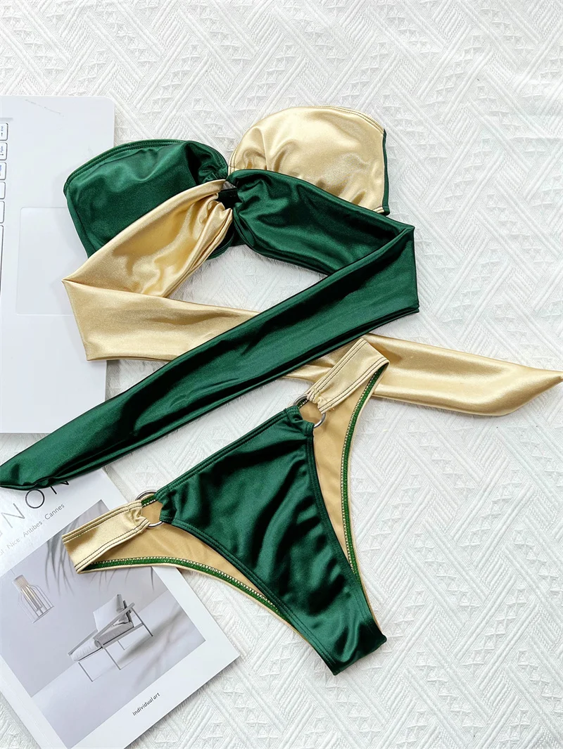 Para Praia Green Gold Bikini 2023 Sexy Strapless Bandeau Swimwear Women Brazilian Swimsuit Thong Biquini Bandage Bathing Suit