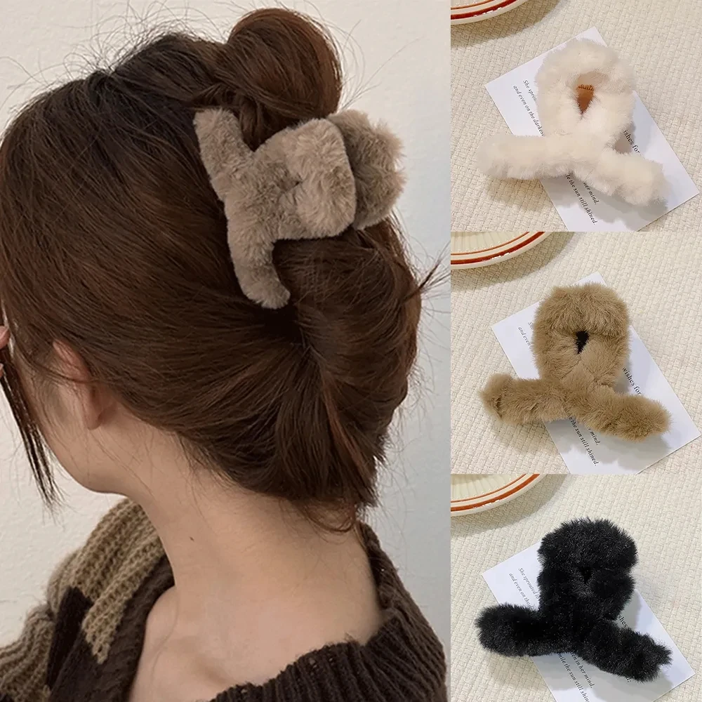 Women Plush Hair Claws Winter Faux Fur Hair Clip Barrette Crab Sweet Girls Acrylic Hairpins Winter Hair Accessories