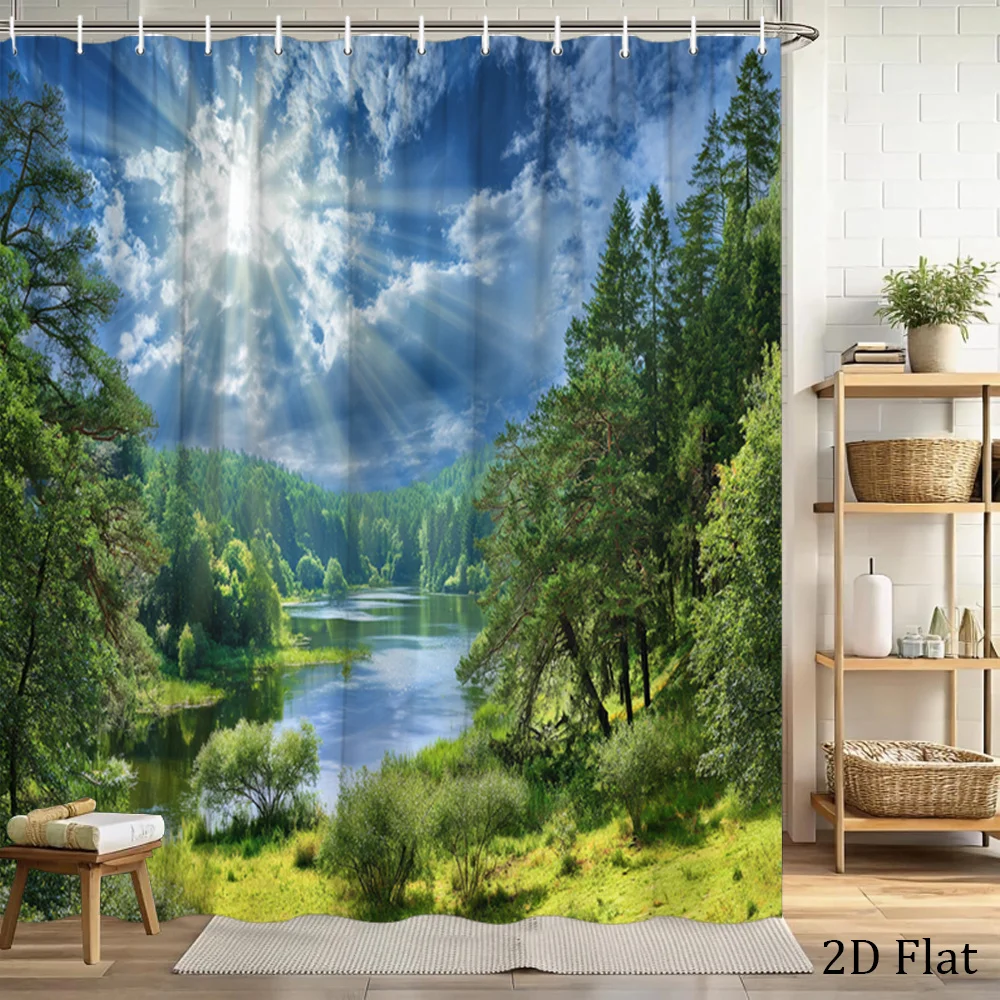 

Waterproof Forest Landscape Shower Curtain Nature View Bathroom Liner Serene Woodland Sunlight Decor Boho Tropical Bathroom Acce