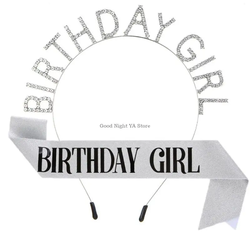 반짝이는 왕관 생일 여아 머리띠와 띠 세트 BIRTHDAY GIRL 라인스톤