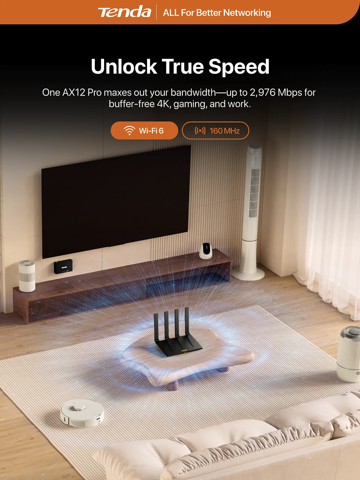 Router WiFi 6 Tenda AX12 Pro AX3000 160MHz Dual Band Gigabit Mesh VPN NFC Wzmacniacz Sygnału Anteny o Wysokim Zysku Lepsza Pokrywa — zdjęcie produktu 7
