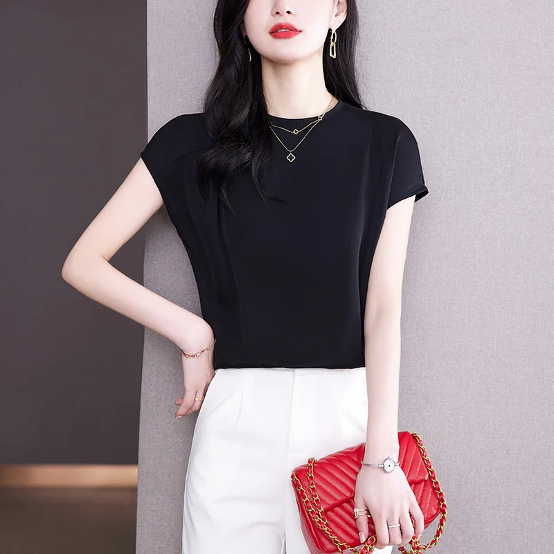 Women High Quality Silk Satin Elegant Blouses Summer Vintage Simple Commute Shirts Female Casual Solid O Neck Short Sleeve Tops