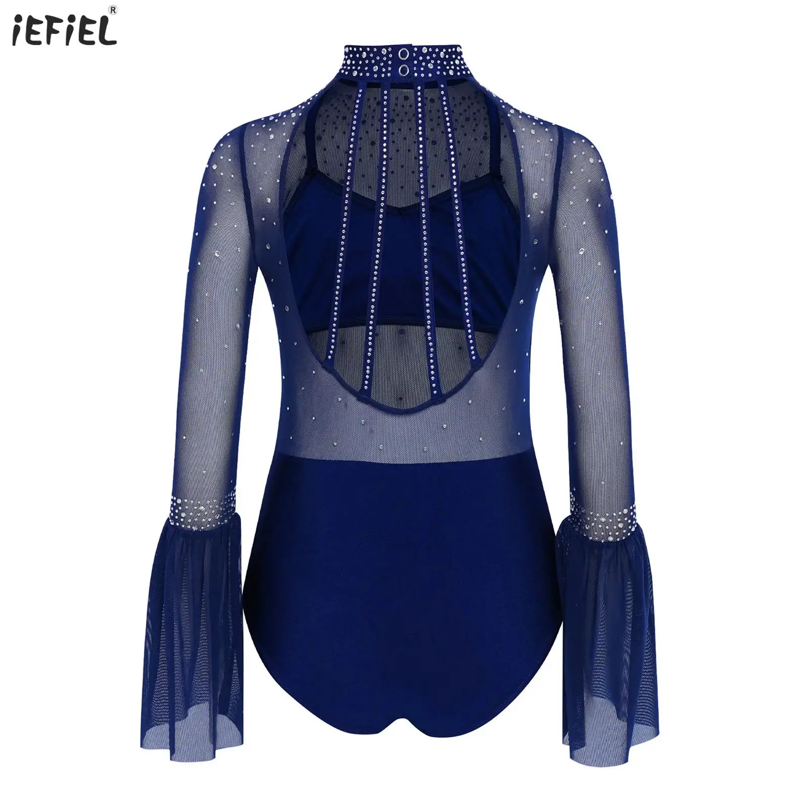 

Girls Ballet Dance Leotard Sheer Mesh Flare Sleeve Backless Rhinestone Dancce Bodysuit Figure Skating Gymnastics Dance Outfits