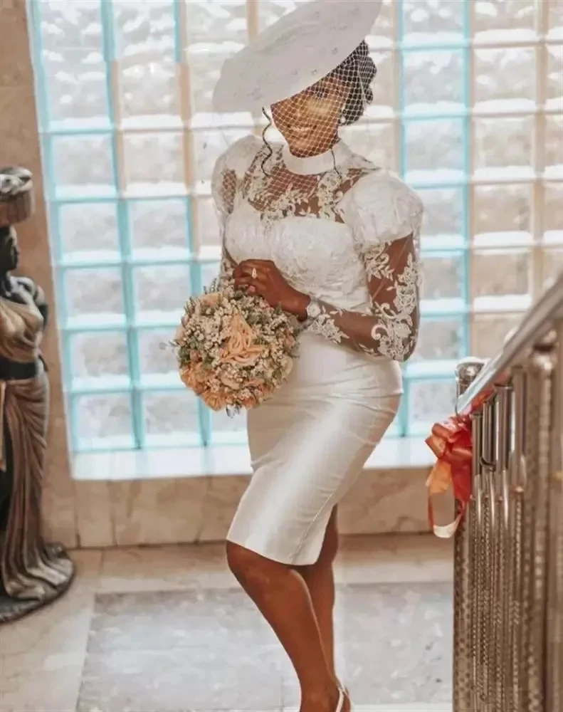 Elegant Lace Short Wedding Dresses Straight Skirt Long Sleeves High Neck Formal Bridal Gowns Reception Party Robe Customized