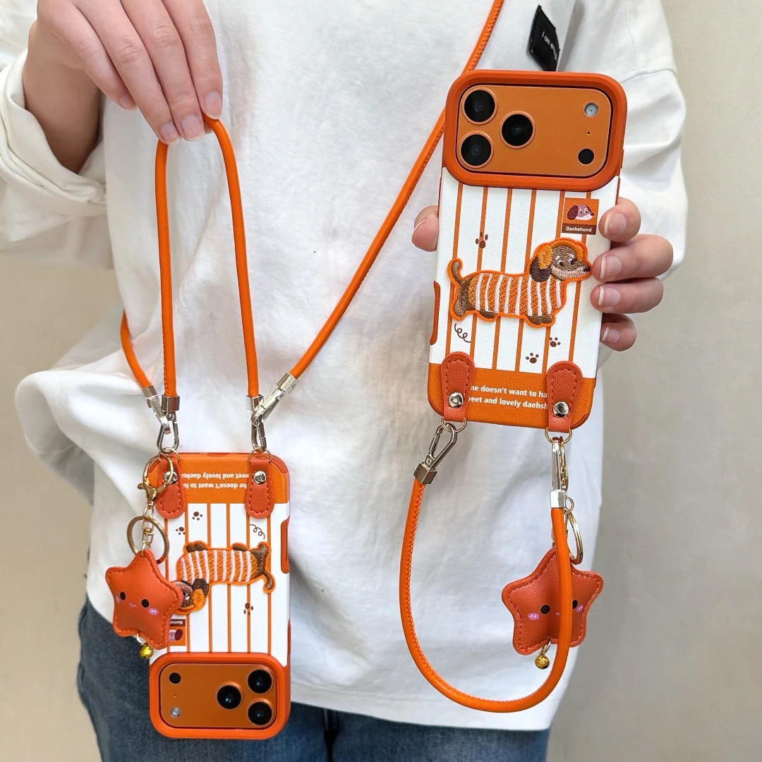 

Korean Cute orange stripe Dachshund Dogs Phone Case For iPhone 17 16 15 14 13 12 Pro Max Plus Crossbody necklace lanyard Cover