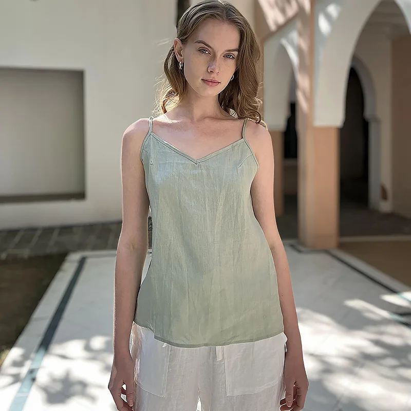 2024 Summer New 100% Linen Suspended Tank Tops Women's Singlet Cotton Linen V-neck Sleeveless Top Fashion Casual Vest