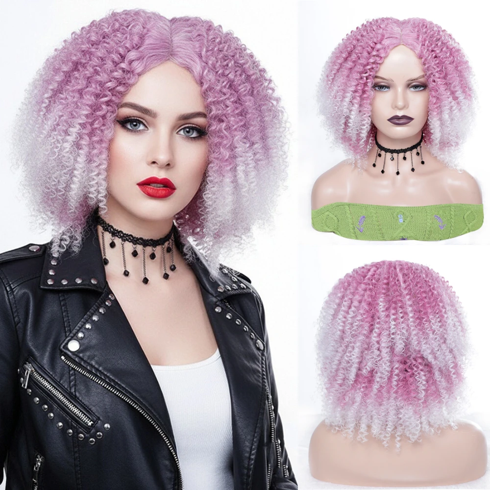 

Короткий мягкий афро-пучистый кудрявый парик розового омбре с челкой посередине, синтетический парик для чернокожих женщин, естественный вид, для повседневного использования, парик для косплея