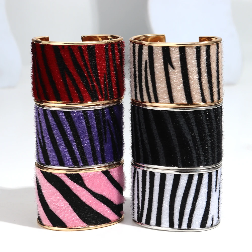 Exaggerated Flocking Leopard Print Open Cuff Wide Bangle for Women Retro Statement Geometric Metal Bracelets Trendy Jewelry Gift