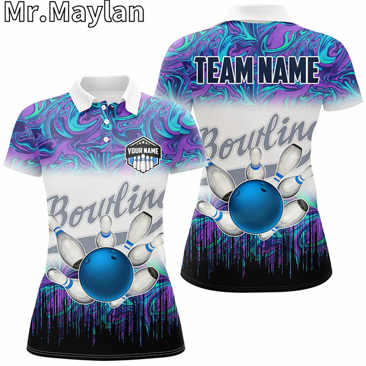 3D Women Bowling Sports Polo Shirts Custom Name Blue Purple Marble Pattern Bowling Team Jerseys Outfits Gifts For Bowling Lovers