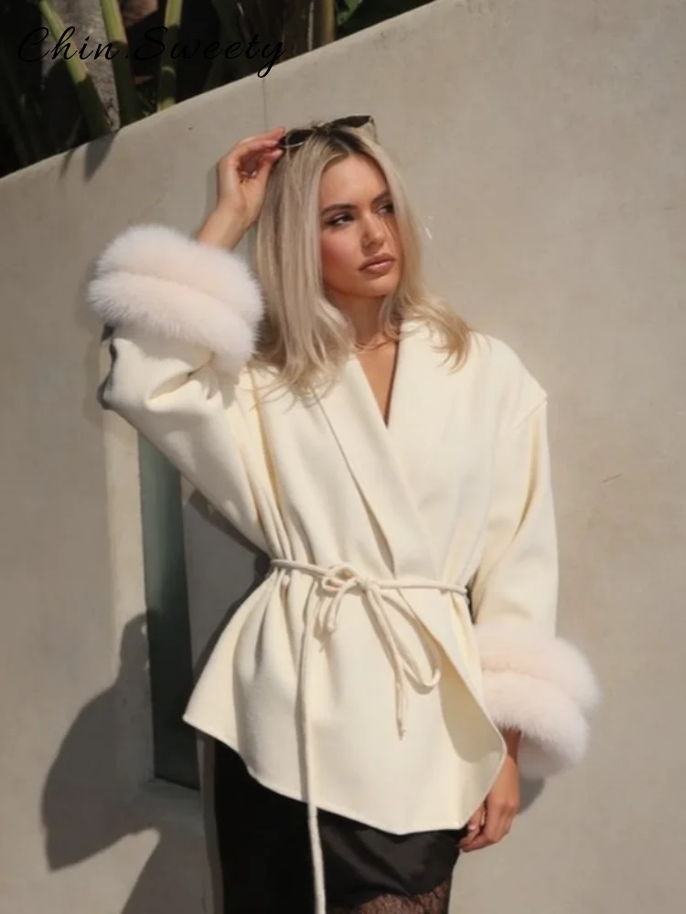 

Elegant Women's Lace Up Fur Sleeve Woolen Coat Loose Solid Lapel Female Warm Coat 2025 Autumn Winter Lady Commute Outwears New