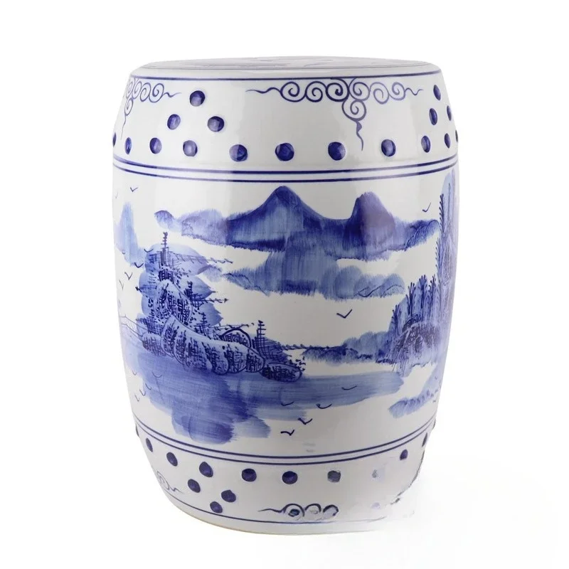 Ceramic stool hand-painted blue and white landscape fish algae pattern cool pier home living room courtyard coffee tabl