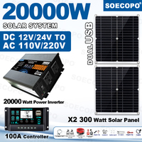 SOECOPO 20000W Solar System Complete Kit 2*300W Panel 12V 24V To 220V 110V Inverter socket 100A Controller for Residence Camping