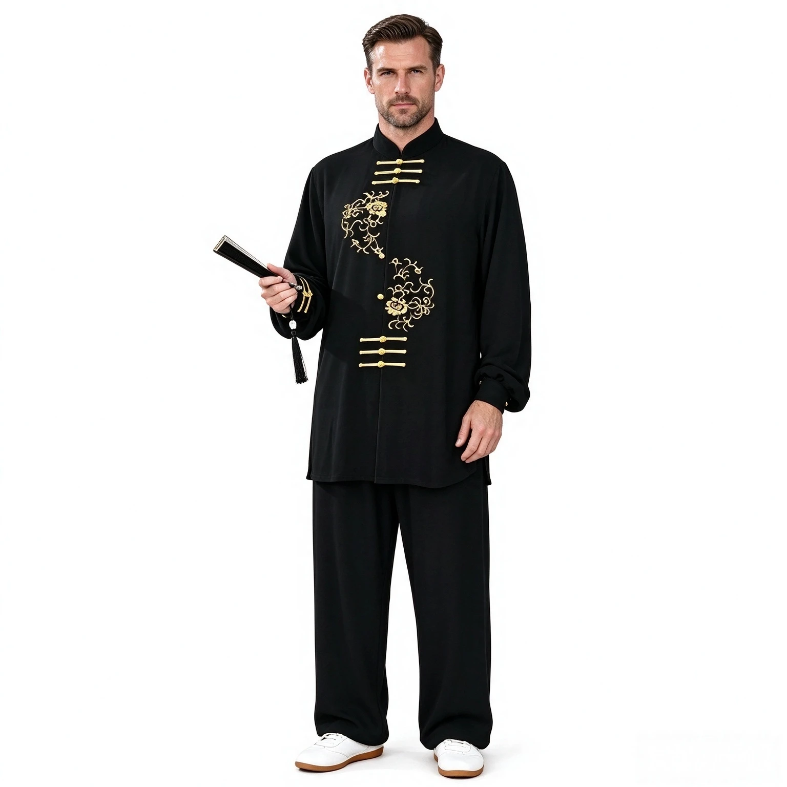 Unisex Tai Chi Uniform Gold Peony Embroidery Pearl Elastic Cotton 2Pcs Set Chinese Wushu Kung Fu Suit For Practice Performance