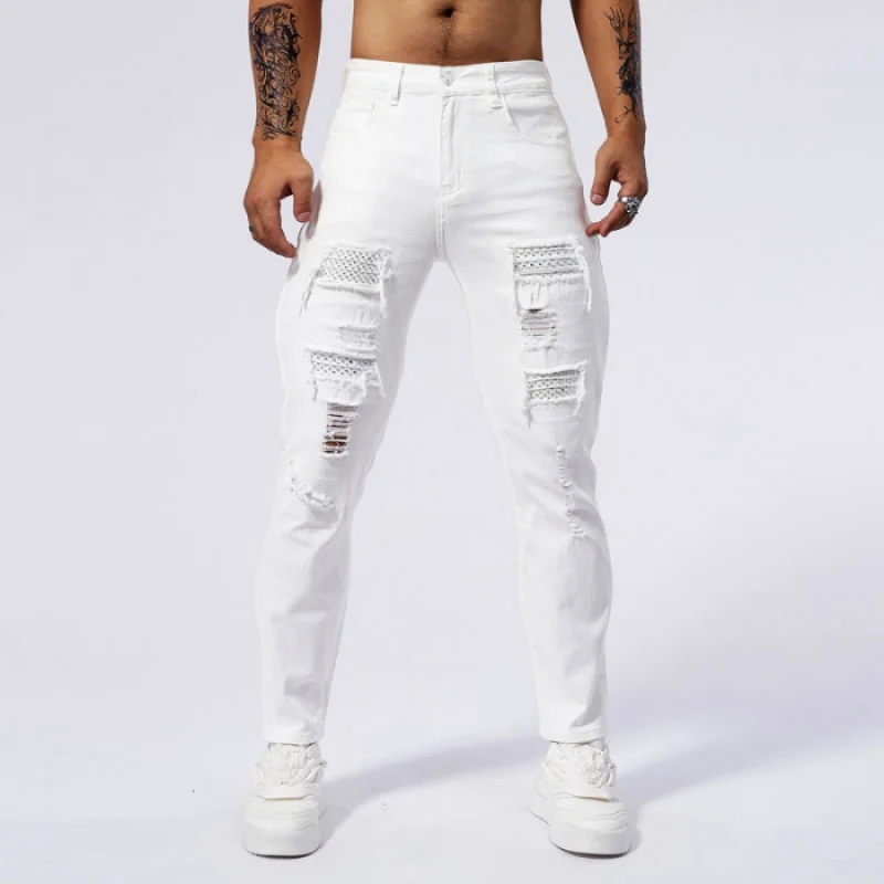 

Rhinestone White Jeans with Men's Broken Hole Patch Design for Street Fashion High end Slim Fit Small Foot Elastic Tight Pants