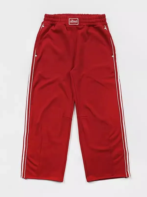 Rode gebogen broek met wijde pijpen Amerikaanse retro joggingbroek met rechte pijpen Casual sport lange broek Hoge taille Elastisch Comfortabel katoen...