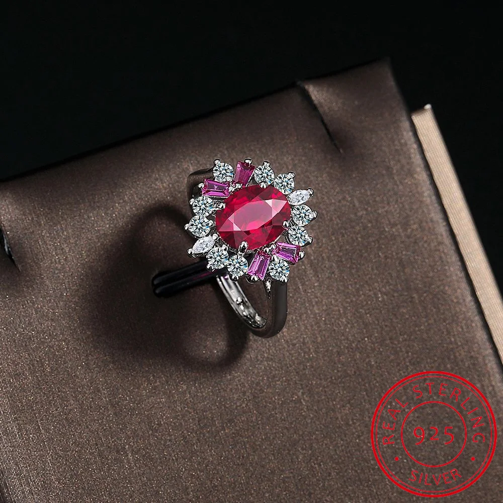 Anillos de Plata de Ley 925 con Granate Rojo Natural Ovalado y Rubí, Anillos de Flores para Mujer, Joyería de Piedras Preciosas de Lujo, Anillos de Plata