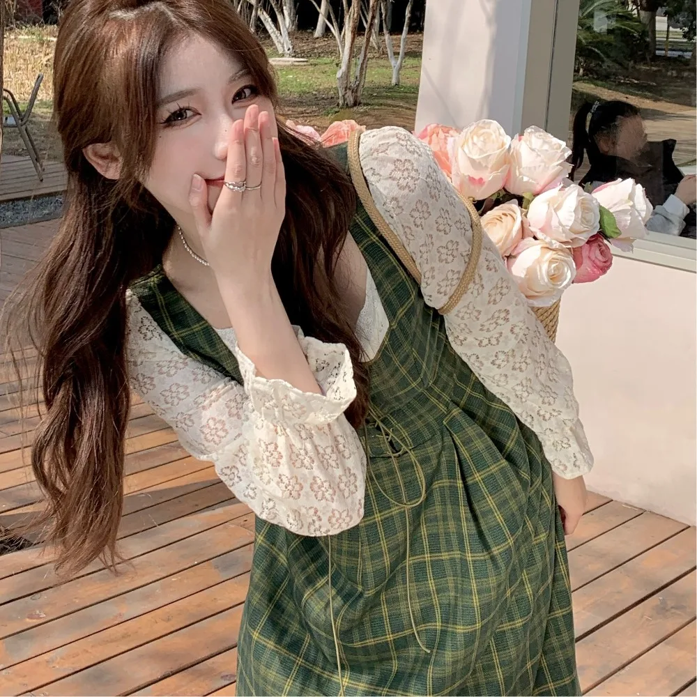 Chic verde falso vestido de duas peças a linha renda flor vestido de manga longa fino ajuste rendas até vestido longo xadrez feminino