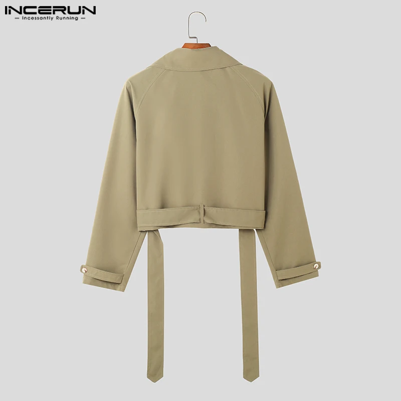 INCERUN-Casaco solto de manga comprida masculino, monocromático, lapela, casacos cropped masculinos, streetwear casual com cinto, moda, S-5XL, 2023